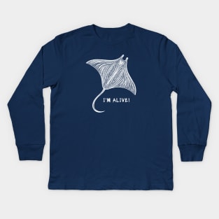 Manta Ray - I'm Alive! - ocean animal ink art design - on blue Kids Long Sleeve T-Shirt